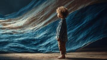 Child gazes at colorful fabric waves in a soft-lit indoor setting during early morning hours photo