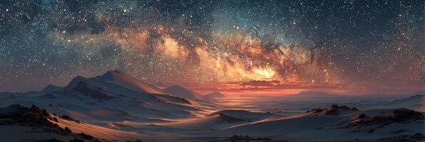 Stunning night sky view over tranquil snowy mountains illuminated by the vibrant Milky Way photo