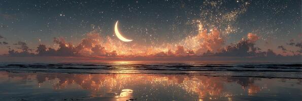 Stunning twilight over ocean with crescent moon reflecting on water and starry sky in tranquil setting photo