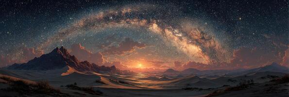 Vast desert landscape illuminated by a starry night and a stunning view of the Milky Way arching over the horizon at sunset photo
