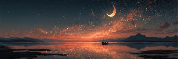 Stunning evening with a crescent moon over calm waters and distant mountains photo