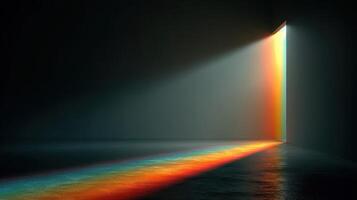 Light beams through an open door creating a colorful display on the floor at dusk photo