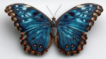 Vibrant blue butterfly displaying intricate wing patterns on a plain background in a natural light setting photo