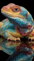 Colorful lizard displaying vibrant hues and intricate patterns on glossy surface in bright lighting photo