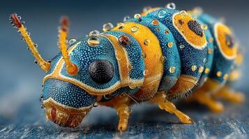 Colorful caterpillar with water droplets resting on a textured surface in natural light during daytime photo