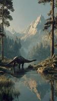 Majestic dinosaur grazing near a tranquil lake in a prehistoric valley surrounded by towering mountains at dawn photo