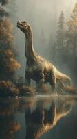 Large dinosaur stands near a calm river surrounded by misty forest during the dawn light photo