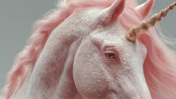 Fantasy creature with a shimmering golden horn and pink mane showcasing intricate details and textures in a simple background photo
