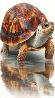 Turtle exploring shallow water with reflections during a sunny afternoon in a tranquil natural habitat photo