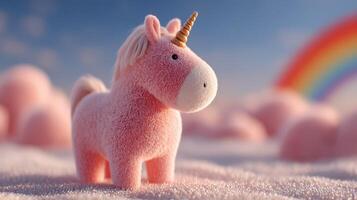 Colorful unicorn standing on soft clouds beneath a bright rainbow in a whimsical landscape at sunset photo