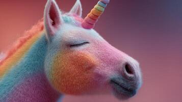 Colorful unicorn with rainbow mane resting against a vibrant background at sunset photo