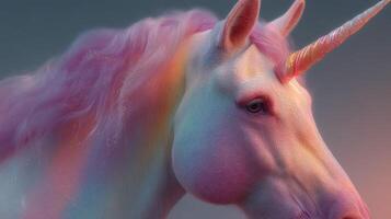 Colorful unicorn with flowing mane and glowing horn in a dreamy landscape during twilight photo
