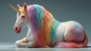 Colorful unicorn with a shimmering mane relaxing on a smooth surface in a softly lit studio environment photo