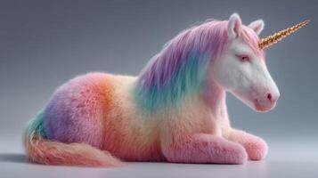 Cute pastel unicorn plush toy with sparkling horn resting on a smooth surface in a well-lit setting photo