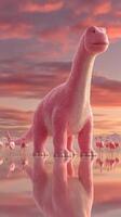 Giant pink dinosaur stands majestically beside flamingos at sunset by tranquil waters photo