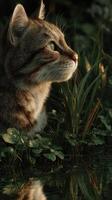 Wild cat observed near the water in a lush green environment during golden hour photo