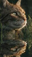 Cat gazes thoughtfully at its reflection in calm water surrounded by green grass during golden hour photo