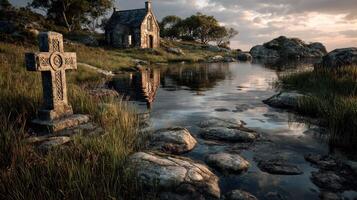 Celtic cross by serene water with a stone cottage at dusk in a tranquil landscape with rocks and grass photo