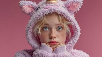 Young girl in cozy unicorn onesie displays a sweet expression against a pink background photo