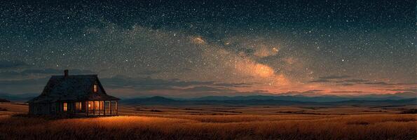 Night sky over a rural house in a field with vibrant stars and distant mountains at dusk photo