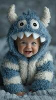 Cute toddler wearing a fluffy monster costume smiles happily while playing at home during a cozy afternoon photo