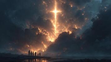 Group of people standing before a glowing cross in a dramatic sky during twilight photo