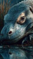 Close-up of a reptile resting by the water in a tranquil natural setting during early morning hours photo