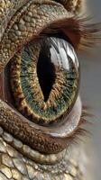 Close-up view of a reptile's eye showcasing intricate textures and colors, captured in detail photo