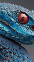 Colorful blue reptile with striking red eyes seen up close against a neutral background photo