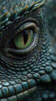 Close-up view of a reptile eye showcasing intricate details and vibrant colors in a natural setting during daylight hours photo