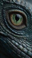 Close-up view of a reptile's eye highlighting intricate scales and vibrant colors in a natural setting photo