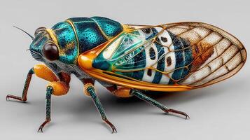 Vibrant close-up of a cicada highlighting intricate details and colors in nature photo