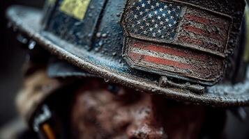 Firefighter with a weathered helmet showing the American flag during a challenging rescue operation at dawn photo
