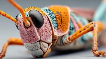 Close-up view of a colorful grasshopper revealing intricate details of its body and eyes in a studio setting during daylight photo