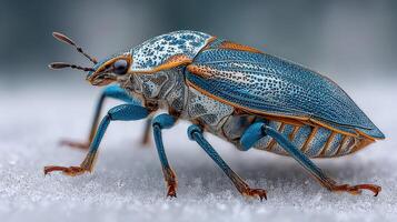 Colorful beetle resting on snow during a cold winter day showcasing its unique blue and orange patterns photo