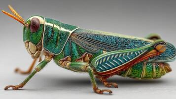 Colorful grasshopper with intricate details captured in a close-up view on a neutral background photo