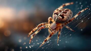 Close-up of a spider on its web with dew glistening in the morning light photo