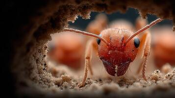 Close-up view of an ant exploring its underground habitat during daylight photo