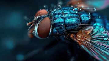 Close-up of a vibrant fly with droplets on its body, showcasing intricate details and textures in natural light photo