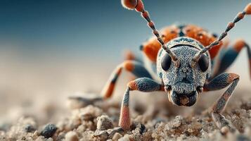 Close-up view of a strikingly colorful insect on sandy terrain during daylight in a natural habitat photo