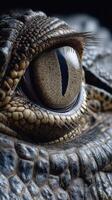 Close-up view of a reptile's eye showcasing intricate textures and patterns during a sunny day in a natural habitat photo