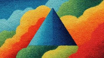 Colorful geometric pyramid surrounded by vibrant clouds in a surreal landscape during daylight hours photo