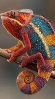 Colorful chameleon perched on a branch in a calm indoor setting during daylight photo