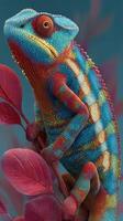 Colorful chameleon climbing a branch with vibrant leaves in a tropical setting during daylight photo