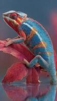 Colorful chameleon perched on a red leaf in a vibrant natural setting during daytime photo