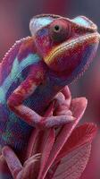 Chameleon perched on vibrant pink leaves in a colorful natural environment showcasing detailed skin texture and coloration photo