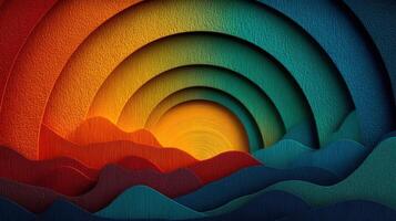 Colorful abstract landscape with layered waves and a rising sun in shades of red, orange, green, and blue photo