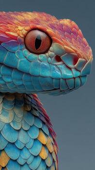 Colorful reptilian creature with vibrant scales posing against a gray backdrop photo