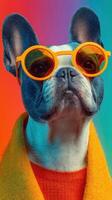 Stylish French Bulldog wearing orange sunglasses and colorful attire in a vibrant setting photo