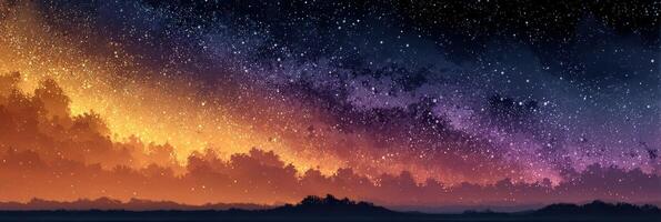 Starlit sky displays vibrant colors over a tranquil landscape at dusk photo